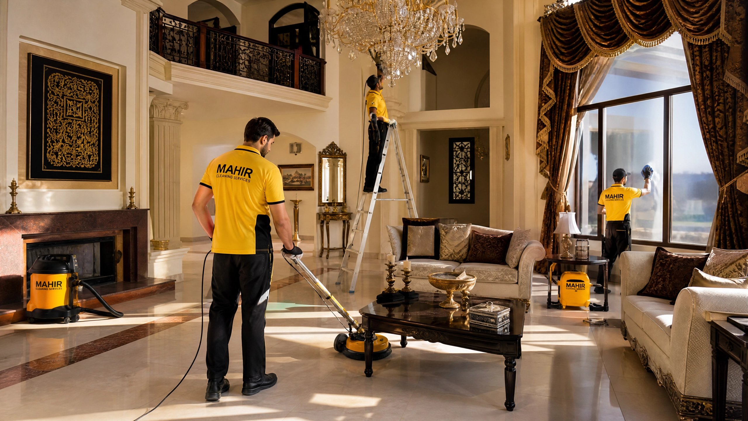 Professional Mahir cleaning team working in a luxury home
