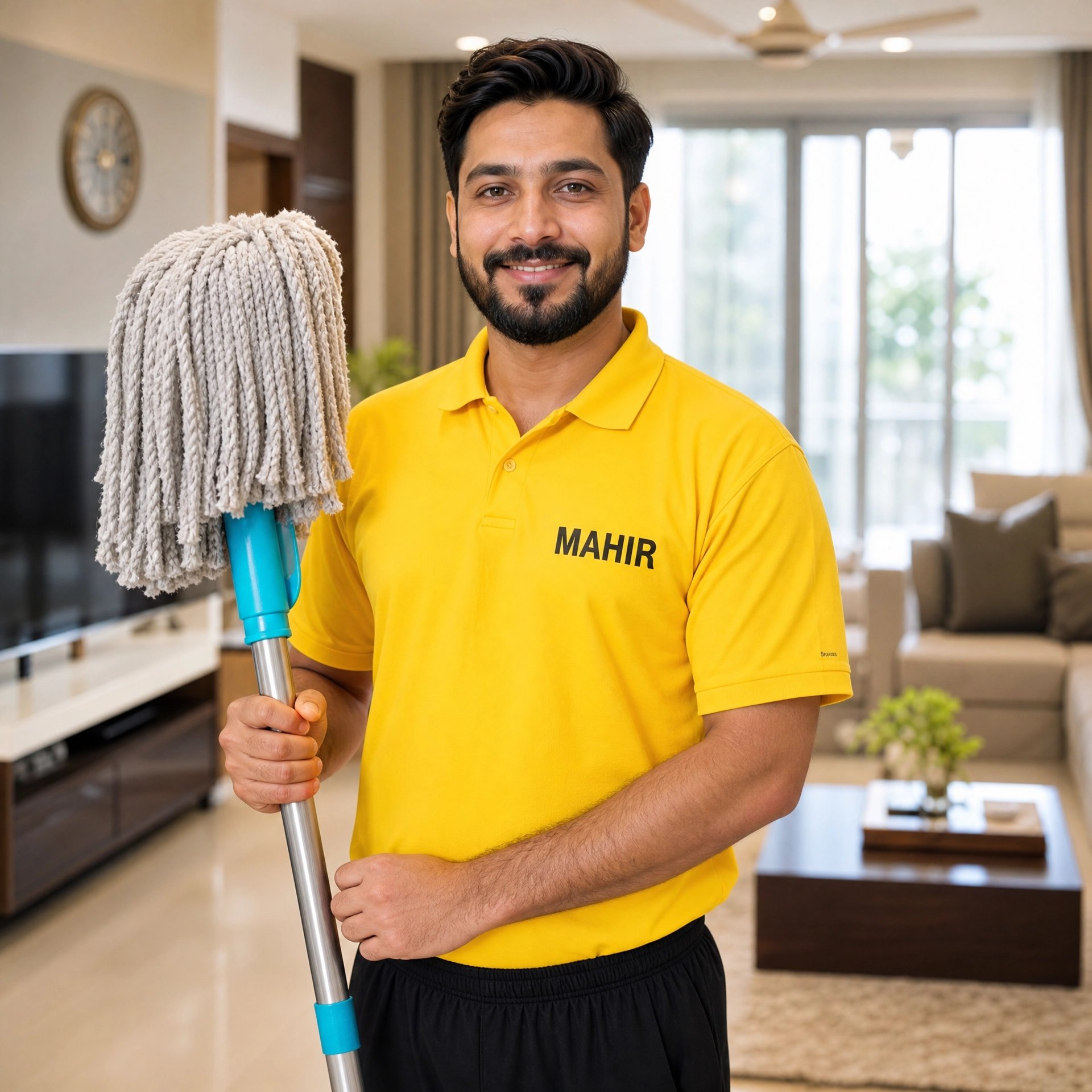 Mahir professional cleaner in uniform holding a mop